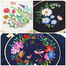 Load image into Gallery viewer, Caydo 3 Sets Embroidery Starter Kit with Pattern and Instructions, Cross Stitch Kit Include 3 Embroidery Clothes with Floral Pattern, 3 Plastic Embroidery Hoops, Color Threads and Tools