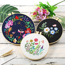 Load image into Gallery viewer, Caydo 3 Sets Embroidery Starter Kit with Pattern and Instructions, Cross Stitch Kit Include 3 Embroidery Clothes with Floral Pattern, 3 Plastic Embroidery Hoops, Color Threads and Tools
