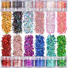 Load image into Gallery viewer, Warmfits Holographic Chunky Glitter 12 Colors Total 120g Face Body Eye Hair Nail Festival Chunky Holographic Glitter Different Size, Stars and Hexagons Shaped (Set A)