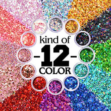 Load image into Gallery viewer, Warmfits Holographic Chunky Glitter 12 Colors Total 120g Face Body Eye Hair Nail Festival Chunky Holographic Glitter Different Size, Stars and Hexagons Shaped (Set A)