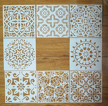 Load image into Gallery viewer, Mandala Reusable Stencil Set of 9 (6x6 inch) Painting Stencil, Laser Cut Painting Template for DIY Decor, Painting on Wood, Airbrush, Rocks and Walls Art (C)