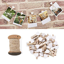 Load image into Gallery viewer, Pandahall 100pcs White Heart Clothespins Wooden Photo Paper Peg Pin Graft Clips with 10.9 Yards Natural Jute Twine for Paper Photo Display Hanging Home Party Decoration