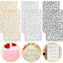 Load image into Gallery viewer, Gersoniel 6 Sheets Glitter Cursive Alphabet Letter and Number Stickers Assorted DIY Self-Adhesive Stickers for Arts and Crafts Scrapbook Cards Home Decoration Supplies (Black, Silver, Gold)