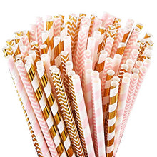 Load image into Gallery viewer, ALINK Biodegradable Paper Straws, 100 Pink Straws / Gold Straws for Party Supplies, Birthday, Wedding, Bridal / Baby Shower Decorations and Holiday Celebrations