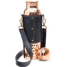 Load image into Gallery viewer, Kitchen Science Copper Water Bottle (34oz/1000ml) w/a Leather Carrying Bag | 100% Pure Copper Bottle for Drinking Water | Lab-Tested, Heavy Duty &amp; Leak-Proof | Authentic Ayurvedic Copper Water Bottle
