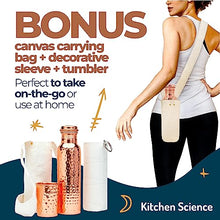 Load image into Gallery viewer, Kitchen Science Copper Water Bottle (34oz/1000 ml) w/ Copper Tumbler, Carrying Bag &amp; Deco Sleeve | Pure Copper Bottle for Drinking Water | Lab-Tested, Leak-Proof | Authentic Ayurvedic Copper Bottle
