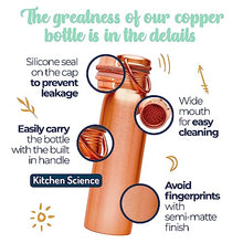 Load image into Gallery viewer, Kitchen Science Authentic Ayurvedic 100% Pure Copper Water Bottle (34 Oz/ 1000ml) w/ Carrying Canvas Bag &amp; Sleeve| Leak-Proof
