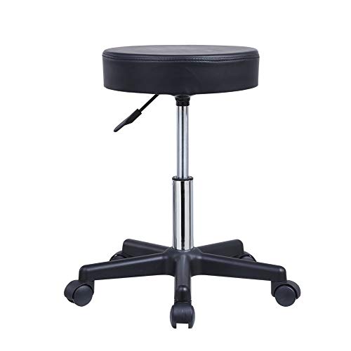 KKTONER Round Rolling Stool PU Leather Height Adjustable Swivel Drafting Work SPA Medical Salon Stools Chair with Wheels Black