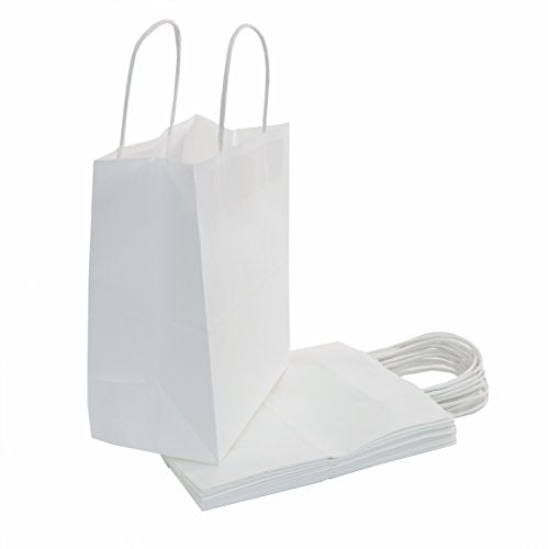 100 | 50 | 25 Count - White Paper Kraft Bags with Handles - Perfect Solution for Baby Shower, Birthday Parties, Boys and Girls Gifts, Shopping, Restaurant takeout and Shop Owners - Size (8
