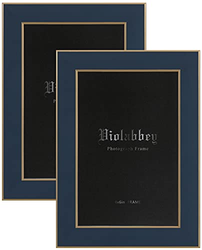 Violabbey 4x6 Picture Frames Set of 2, Dark Blue Photo Frame with Gold Rim of Mix Match Modern Style, High Definition Tempered Real Glass, Wall Mounted or Tabletop Display