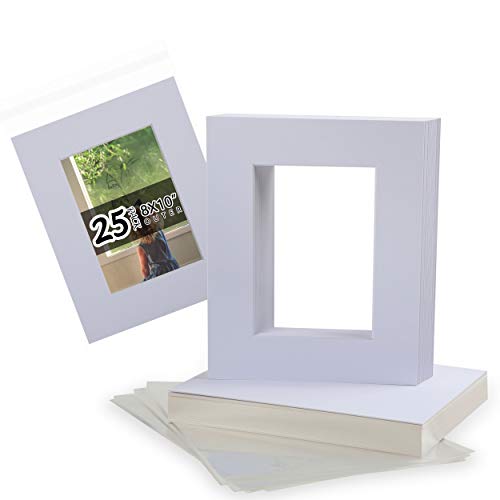 Acid Free 25 Pack 8x10 Pre-Cut Mat Board Show Kit for 5x7 Photos, Prints or Artworks, 25 Core Bevel Cut Matts and 25 Backing Boards and 25 Crystal Plastic Bags, White