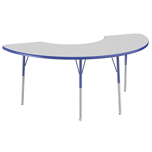 FDP Half Moon Activity School and Office Table (36 x 72 inch), Standard Legs with Swivel Glides for Collaborative Seating Environments, Adjustable Height 19-30 inches - Gray Top and Blue Edge
