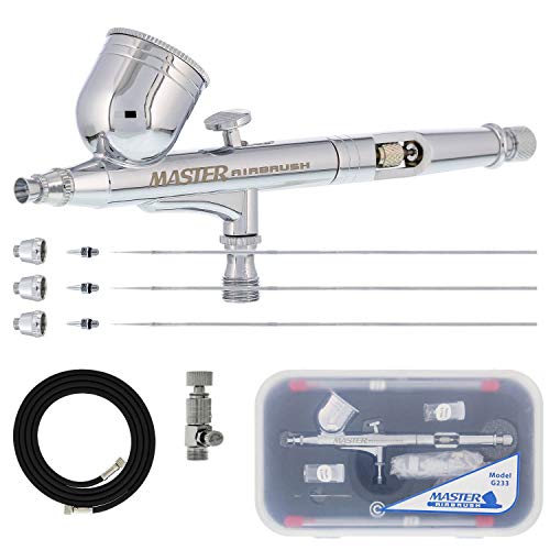 Master Airbrush Master Performance G233 Pro Set with 3 Nozzle Sets (0.2, 0.3 & 0.5mm Needles, Fluid Tips and Air Caps) and Air Hose - Dual-Action Gravity Feed Airbrush with 1/3 oz Cup, Cutaway Handle