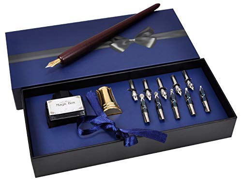 Plotube Wooden Pen Calligraphy Set - Dip Pen Gift Writing Case - Black Ink Bottle & Golden Pen Holder & 11 Nibs and Beginner's Manual