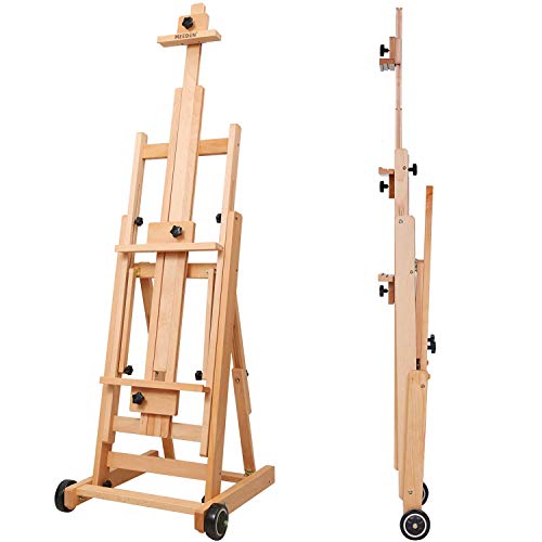 MEEDEN Versatile Studio H-Frame Easel - All Media Adjustable Beech Wood Studio Easel, Painting Floor Easel Stand, Movable and Tilting Flat Available, Holds Canvas Art up to 77