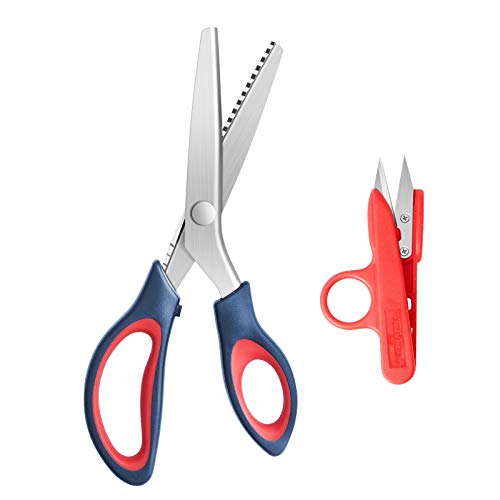 Pinking Shears, Zig Zag Scissors, Soft Rubber Grips, Ultra-Sharp, Professional Serrated Scissors for Sewing, Craft, Dressmaking, Great for Many Kinds of Fabrics and Paper, 9 Inch, Dark Blue+Red