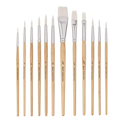 Jerry Q Art 12 PC White Synthetic Hair Round and Flat Paint Brush Set with Short Wood Handle for Acrylic, Watercolor and All Media JQ17931