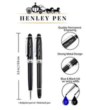 Load image into Gallery viewer, Personalized Pens Gift Set - 2 Pack of Metal Pens w/gift box - Luxury Rollerball &amp; Ballpoint Pens | Blue and Black Ink Refills Included | Custom Engraved w/Name or Message (Black w/Silver Trim)
