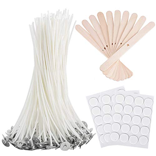 Bulk Candle Wicks 100 Pcs 6 inch with 60Pcs Candle Wick Stickers and 10 Pcs Wooden Candle Wick Centering Device for Soy Beeswax Candle Making (6 inch)