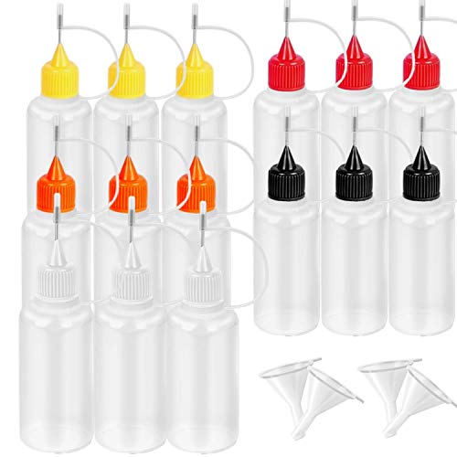 15 Pcs Precision Tip Applicator Bottles –15 Translucent Bottles and 15 Colored Tips, Come with 5 Pcs Mini Funnel for DIY Quilling Craft, Acrylic Painting, 30ml /1 Ounce