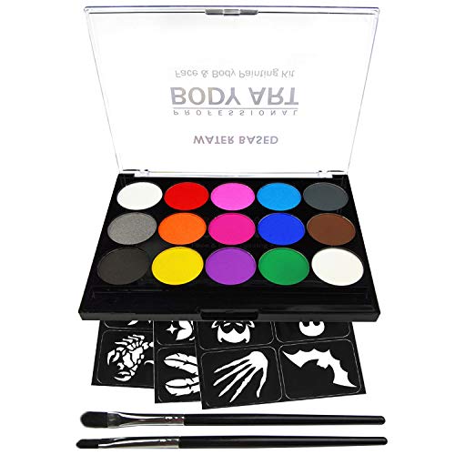 Face Paint Kit for Kids, Professional Quality Face & Body Paint, Hypoallergenic Safe & Non-Toxic, Easy to Painting and Washing, Ideal for Halloween Party Face Painting, 15 Colors with Two Brush