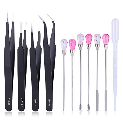 13 Pieces Silicone Resin Mold Tool Set Nail Art Stirring Rod Muddler Poke Needle Spoon Kit Anti-Static Stainless Steel Tweezers Kit with 3 Droppers for Jewelry Making DIY Resin Craft