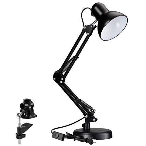TORCHSTAR Metal Swing Arm Desk Lamp, Classic Architect Clip On Study Table Lamps, Interchangeable Base Or Clamp, E26 & E27 Base, Replaceable Bulbs, Multi-Joint, Black Finish