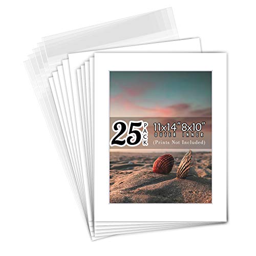 Golden State Art Acid Free, Pack of 25 11x14 White Picture Mats Mattes with White Core Bevel Cut for 8x10 Photo + Backing + Bags