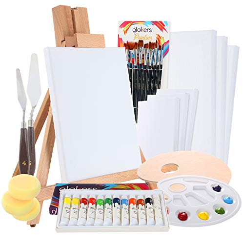 Complete Acrylic Paint Set by Glokers – 36 Piece Professional Painting Supplies Set, Includes Mini Easel, 6 Canvases, Paint Tray, Painting Knives, 10 Paintbrushes and More – Perfect Gift for Artists