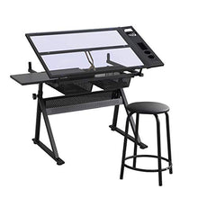 Load image into Gallery viewer, Glass Drafting Table, Height Adjustable Drawing Desk with Stool, Tiltable Desk Art Table, Tempered Glass Top Painting Desk, Writing Table with 2 Drawers, Stationery Storage for Artist Adults Kids
