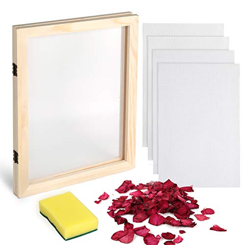Caydo Paper Making Kit, Include A4 Size 9.8 x 13.4 Inch Wooden Paper Making Mould Frame Paper Making Screen, Nature Dried Flowers and Sponge for DIY Paper Craft