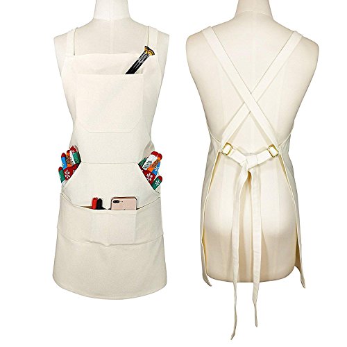 Sturdy Thick Professional Artist Apron, Cross Back + Fasten/Quick Release Buckle + 6 Pockets with 1 Zipper Pocket + 2 Towel Loops For Artist Kitchen, Adjustable M to XXL, 27