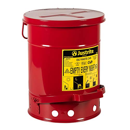 Justrite SoundGuard 09108 Galvanized Steel Oily Waste Safety Can with Foot Operated Cover, 6 Gallon Capacity, Red