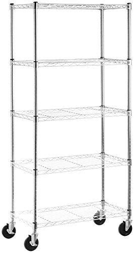 Amazon Basics 5-Shelf Shelving Storage Unit on 4'' Wheel Casters , Metal Organizer Wire Rack, Chrome Silver (30L x 14W x 64.75H)