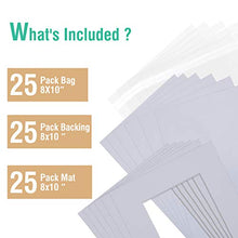 Load image into Gallery viewer, Acid Free 25 Pack 8x10 Pre-Cut Mat Board Show Kit for 5x7 Photos, Prints or Artworks, 25 Core Bevel Cut Matts and 25 Backing Boards and 25 Crystal Plastic Bags, White
