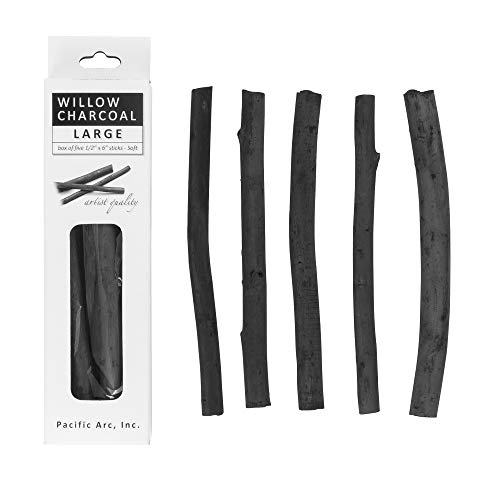 Pacific Arc Large Vine Charcoal Stick 5/Pkg, Soft, Black, Thick Willow Charcoal for Sketching and Drawing
