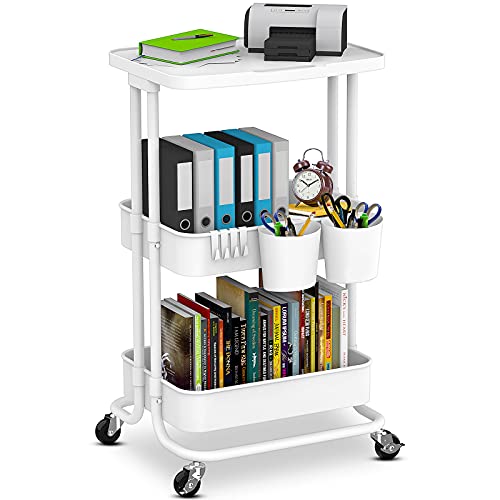 Bextsrack 3-Tier Rolling Utility Cart with Wheels, Multi-Purpose Rolling Storage Carts with Cover Plate and Handle, Mobile Storage Organizer for Kitchen, Bathroom, Office, White