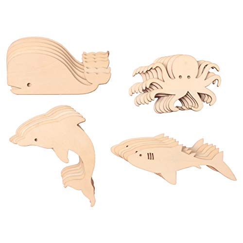 yalansmaiP 24 Pack Unfinished Wooden Cutouts Ocean Animal Cutouts Wood Pieces Octopus, Shark, Whale, Dolphin Shapes Wood Discs Slices for DIY Projects, Art Crafts, Decorations, 6 of Each