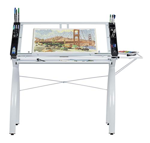 SD Studio Designs 10096 Futura Station with Folding Shelf Top Adjustable Drafting Craft Drawing Hobby Table Writing Studio Desk with Drawer, 35.5'' W x 23.75'' D, White/Clear Glass