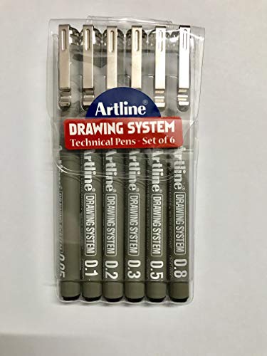 Artline Drawing System Technical Pens - Set of 6-0.05/0.1/0.2/0.3/0.5/0.8 (Black) Pegment Ink, Water Based, Water Resistant - FREE 3D Key Chain