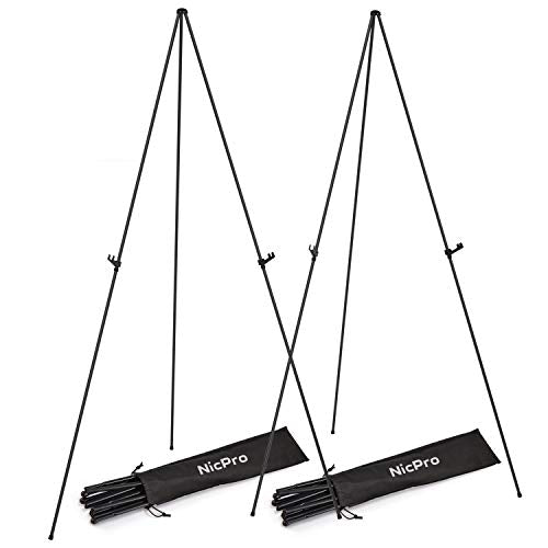 Nicprp Folding Easels for Display, 2 Pack 63 Inch Metal Floor Easel Stand Tripod Black Portable for Artist Poster Wedding with Carry Bag