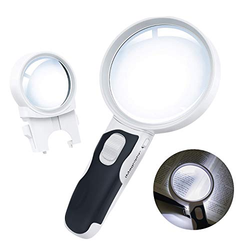 iMagniphy Magnifying Glass with 2 Lens & Powerful LED Light - 5X & 10X Handheld Magnifying Glass Light Set for Seniors with Macular Degeneration, Reading, Soldering, Inspection, Coins & Jewelry
