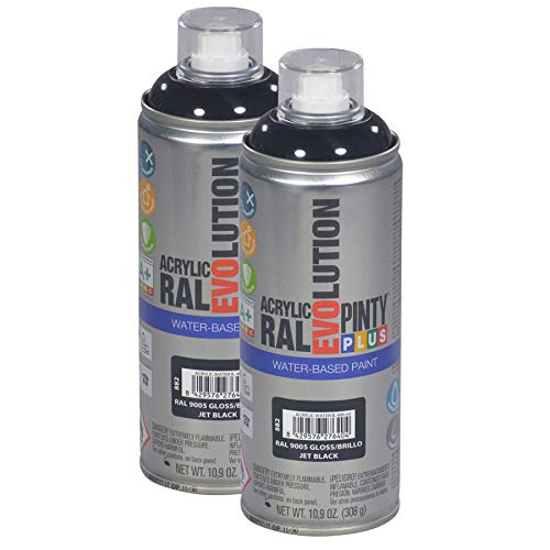 Pintyplus Evolution Water Based Spray Paint - 10.9 oz, Gloss Jet Black. Environmentally Friendly, Acrylic, Low Voc, Low Odor, Matte Spray Paint. RAL 9005. Pack of 2