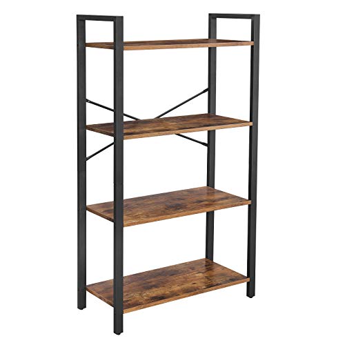 VASAGLE Bookshelf, 4-Tier Bookcase, Living Room Standing Unit Shelf, Stable Steel Frame, Bedroom, Office, Industrial Design, Rustic Brown ULLS60BX