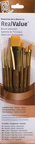 Princeton Art & Brush P9143 Real Value Brush Set, Synthetic Gold Taklon, Round 2 and 4, Liner 2/0, Shader 2 and 6