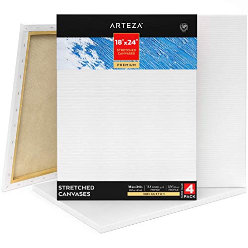 Arteza 18x24” Premium Stretched Canvas, Bulk Pack of 4, Primed, 100% Cotton, Art Supplies for Painting, Acrylic Pouring, Oil Paint & Wet Art Media, Canvases for Artist, Hobby Painters & Beginner