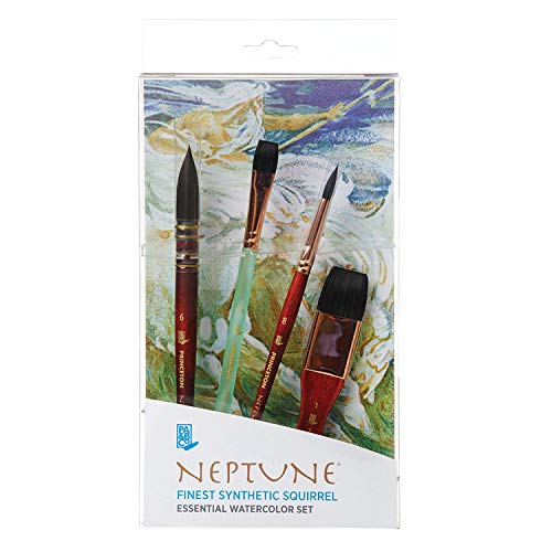 Princeton Artist Brush, Neptune Series 4750, 4-Piece Synthetic Squirrel Watercolor Paint Brush Set, Includes Aquarelle, Mottler, Quill & Round Brushes