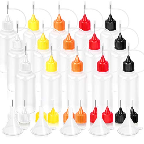 15pcs Precision Tip Applicator Bottles, YGDZ 30ml 5 Colors Needle Fine Tip Squeeze Glue Applicator Bottles, 10pcs Needle Tips, 5pcs Mini Funnel for Quilling Craft Paint Ink