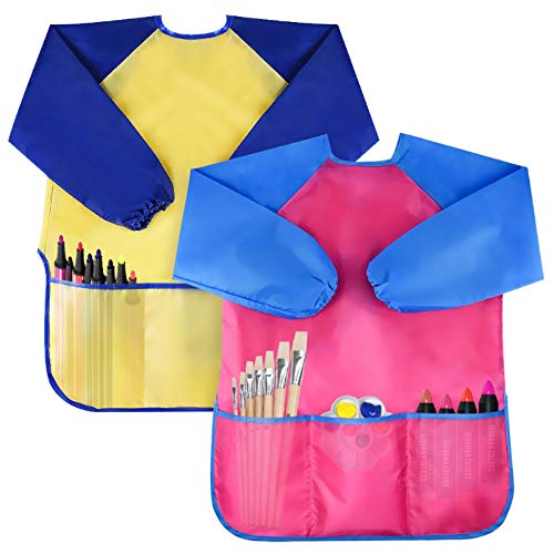 Bassion Pack of 2 Kids Art Smocks, Children Waterproof Artist Painting Aprons Long Sleeve with 3 Pockets for Age 2-6 Years Gifts