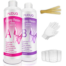 Load image into Gallery viewer, Epoxy-Resin-Crystal-Clear-Kit for Art, Jewelry, Crafts，Coating- 16 OZ Including 8OZ Resin and 8OZ Hardener | Bonus 4 pcs Graduated Cups, 3pcs Sticks, 1 Pair Rubber Gloves by Puduo
